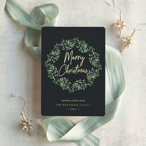 Naturally Joyful  Watercolor Wreath Christmas Foil Holiday Card