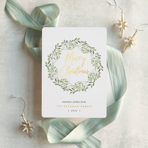 Naturally Joyful  Watercolor Wreath Christmas Foil Holiday Card