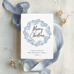 Naturally Joyful | Watercolor Wreath Christmas Holiday Card<br><div class="desc">Send holiday greetings to friends and family in chic style with our elegant cards. A graceful wreath of icy winter blue painted watercolor mistletoe frames the greeting "merry christmas" in hand lettered typography, with your custom message, names, and the year beneath. A simple and elegant non-photo design in festive, natural...</div>