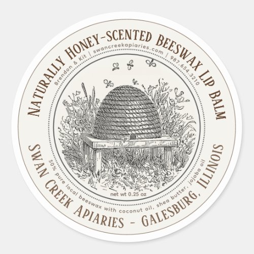 Naturally Scented Beeswax Lip Balm Skep and Bees Classic Round Sticker
