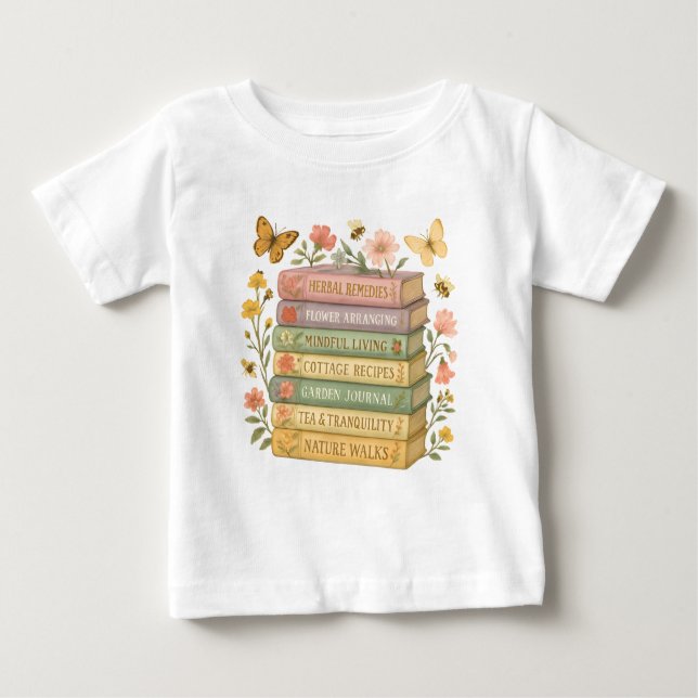 Nature and Book Lover Botanical Stack Baby T-Shirt (Front)