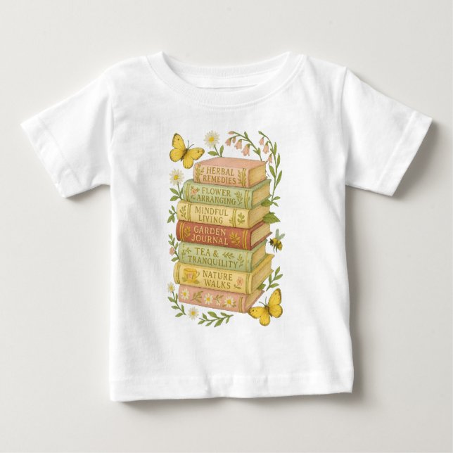 Nature and Book Lover Botanical Stack Baby T-Shirt (Front)