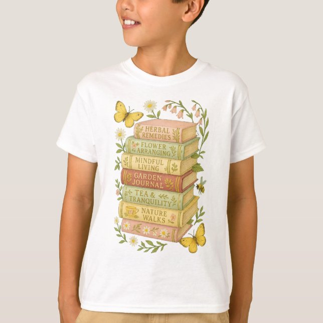Nature and Book Lover Botanical Stack T-Shirt (Front)