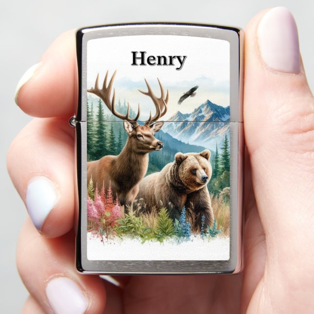 Nature and Wildlife  Deer and Grizzly Bear Zippo Lighter (In Hand)