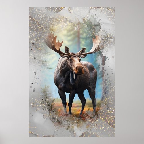  Nature AP49 MOOSE Artsy Forest Gold Glitter Poster