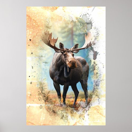  Nature AP49 MOOSE Artsy Forest Peach Glitter Poster