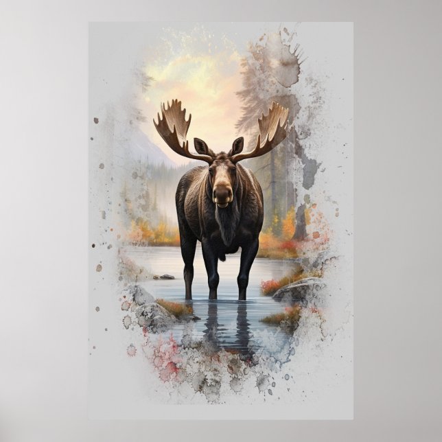 *~* Nature AP49 MOOSE Artsy Forest Stream Poster (Front)