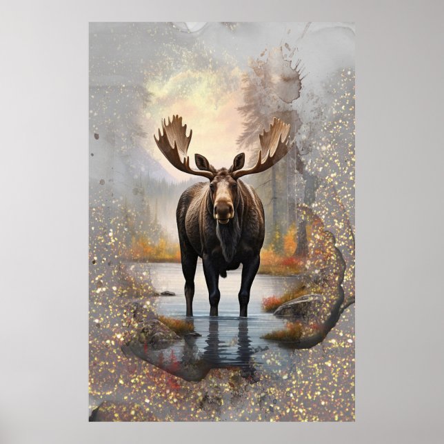 *~* Nature AP49 MOOSE Artsy Forest Stream Sparkle Poster (Front)