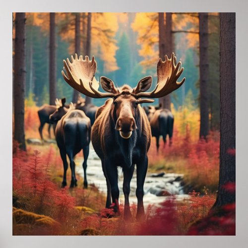  Nature AP49 MOOSE Forest  PINES STREAM Poster