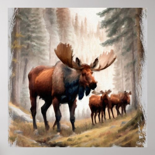  Nature  AP49  MOOSE Forest  Woods Herd Poster