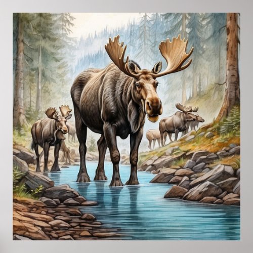  Nature AP49 MOOSE HERD Forest STREAM Poster