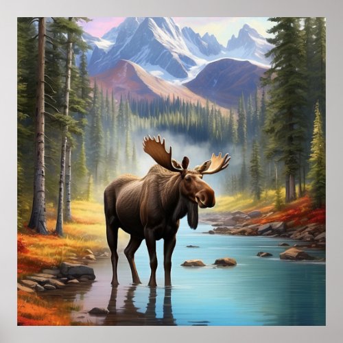  Nature AP49 MOOSE Mountain Forest STREAM Poster