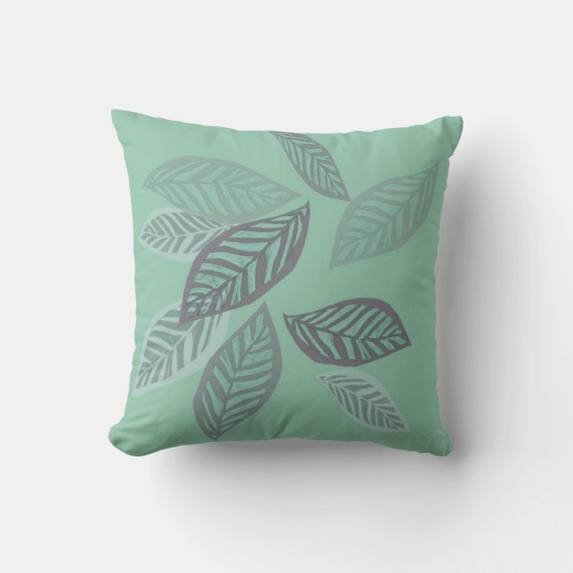 nature art stylized leaves on mint green pillow (Front)