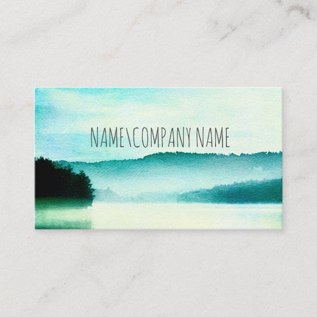  nature art tranquility blue and teal foggy lake   business card (Front)