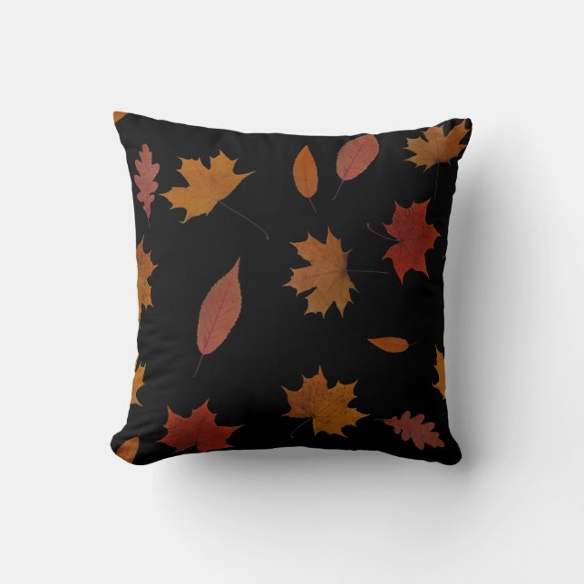 Nature Autumn Leaves on Black Custom Color Throw Pillow (Front)