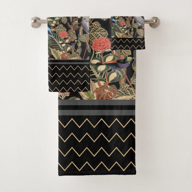 Nature Birds Red, Black, Grey  Bath Towel Set (Insitu)