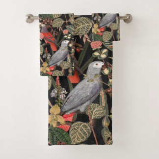 Nature Birds Scene on Black Bath Towel Set