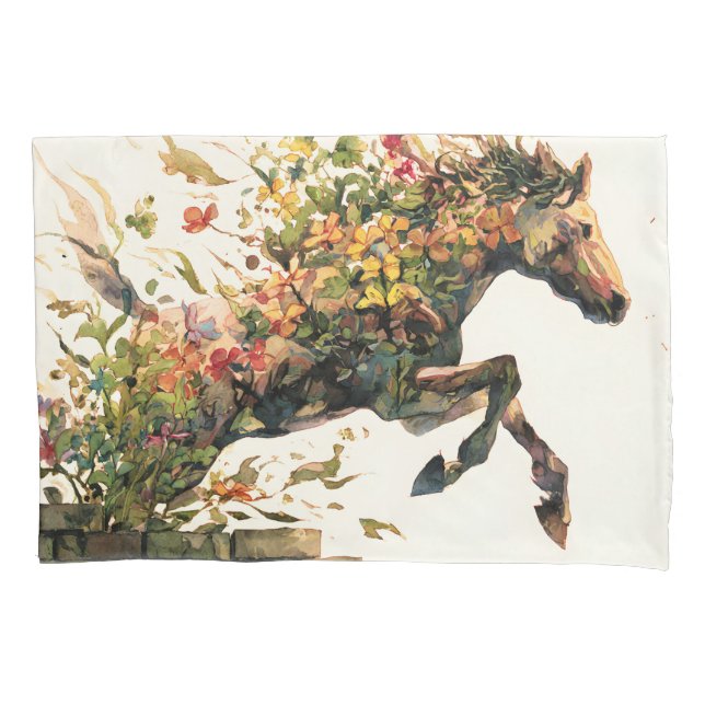Nature Botanical Floral Horse Jumping Pillow Case (Front)