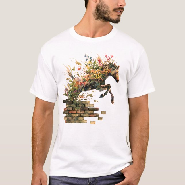 Nature Botanical Floral Horse Jumping T-Shirt (Front)