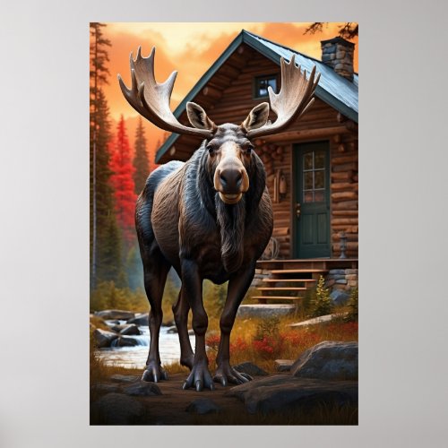  Nature Cabin AP49 MOOSE Forest Cottage STREAM Poster