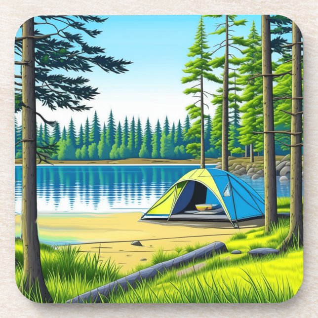 Nature Camping Themed Tent in the Woods Beverage Coaster (Front)