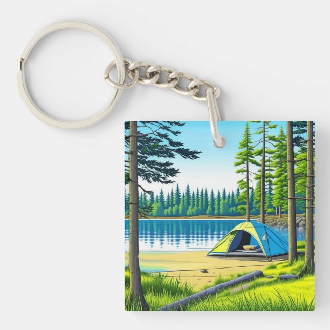 Nature Camping Themed Tent in the Woods Keychain (Front)