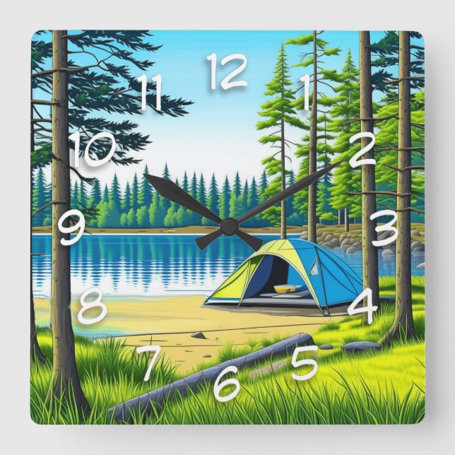 Nature Camping Themed Tent in the Woods Square Wall Clock (Front)