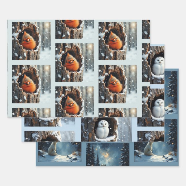 Nature Christmas Cardinal, owl, Polar bear Wrapping Paper Sheets (Set)