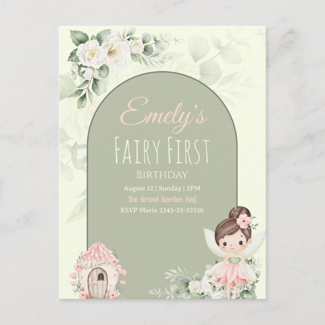 Nature Cute Flower Fairy 1st Birthday Invitation Postcard (Front)