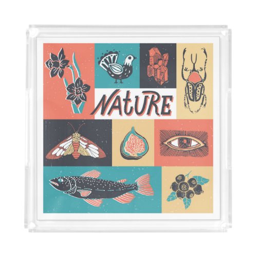 Nature Elements Retro Style Icons Acrylic Tray
