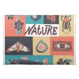 Nature Elements, Retro Style Icons. Cloth Placemat