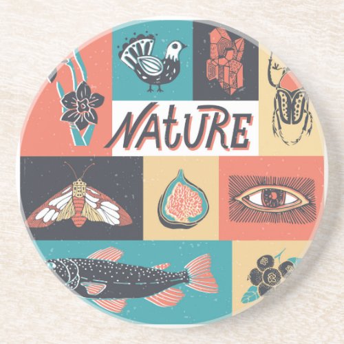 Nature Elements Retro Style Icons Coaster