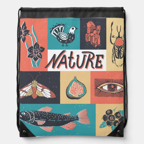 Nature Elements Retro Style Icons Drawstring Bag