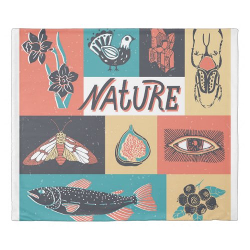 Nature Elements Retro Style Icons Duvet Cover