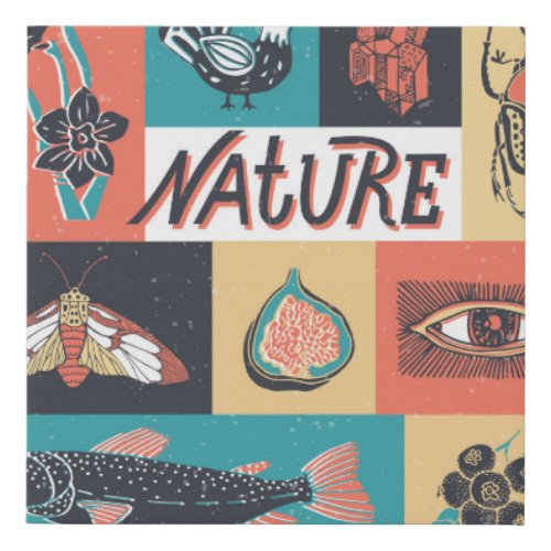 Nature Elements Retro Style Icons Faux Canvas Print