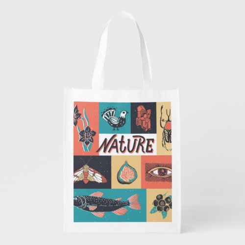 Nature Elements Retro Style Icons Grocery Bag