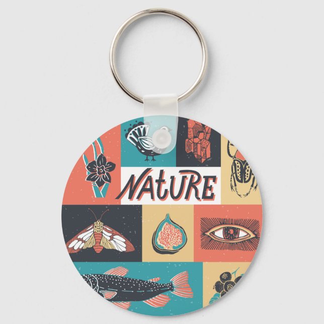 Nature Elements, Retro Style Icons. Keychain (Front)