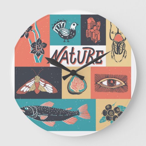 Nature Elements Retro Style Icons Large Clock