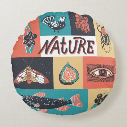 Nature Elements Retro Style Icons Round Pillow