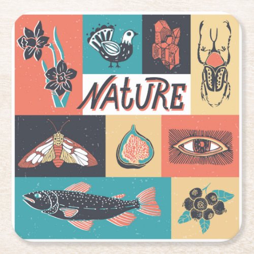 Nature Elements Retro Style Icons Square Paper Coaster