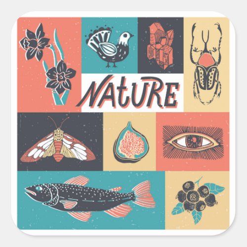 Nature Elements Retro Style Icons Square Sticker