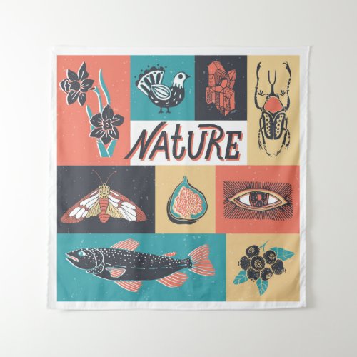 Nature Elements Retro Style Icons Tapestry