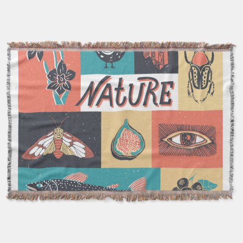 Nature Elements Retro Style Icons Throw Blanket
