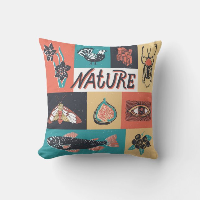 Nature Elements, Retro Style Icons. Throw Pillow (Front)