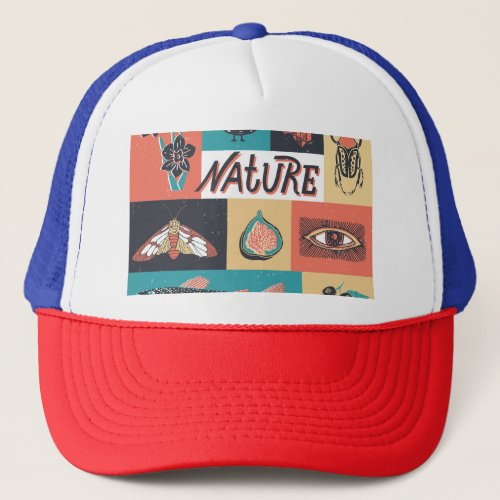 Nature Elements Retro Style Icons Trucker Hat