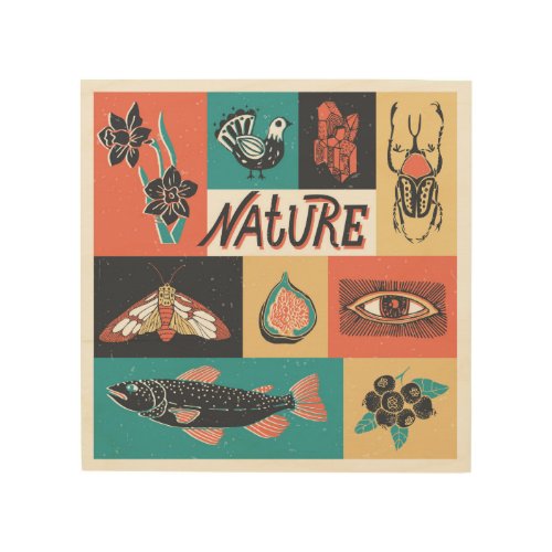 Nature Elements Retro Style Icons Wood Wall Art