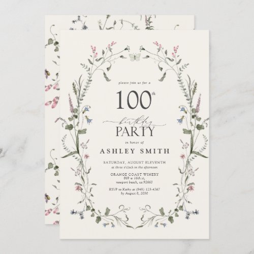 Nature Floral 100th Birthday Party Watercolor Invitation