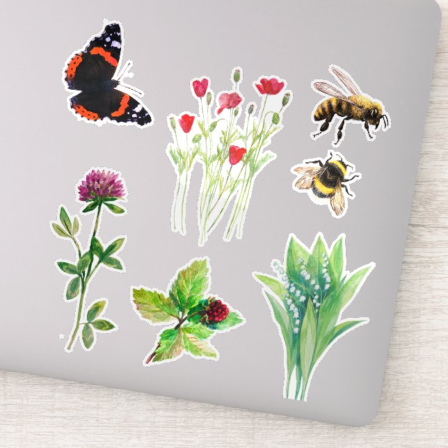 Nature flowers, bees, butterfly sticker (Detail)