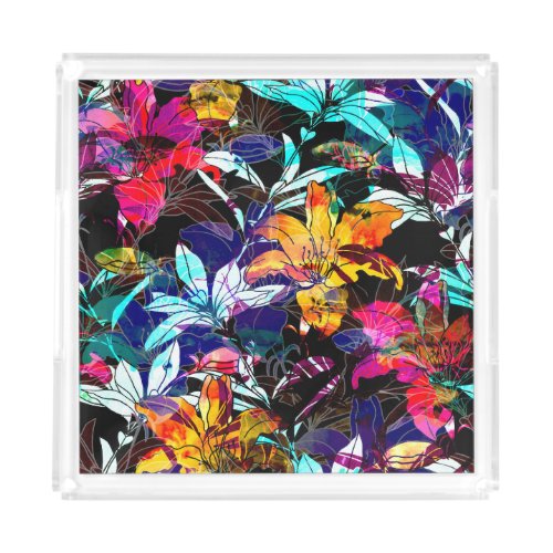 Nature Flowers Leaves Watercolor Background Acrylic Tray
