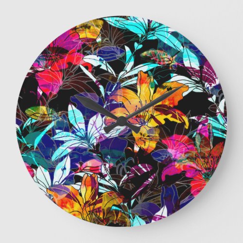 Nature Flowers Leaves Watercolor Background Large Clock